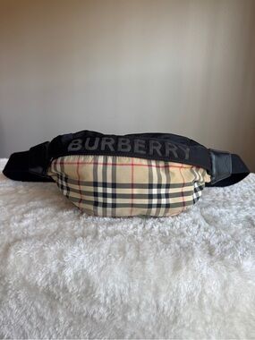 Burberry Beige Check Canvas and Black Logo Belt Bag